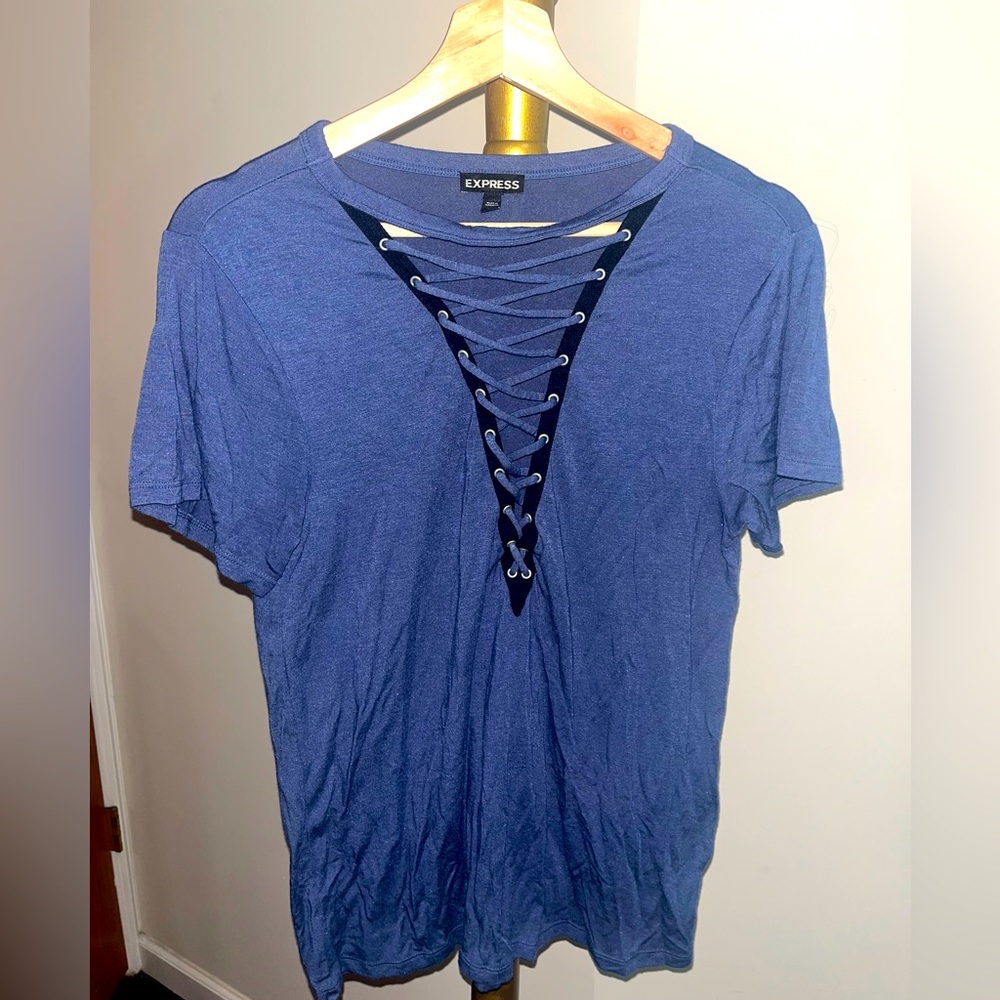 Express V-Neck Lace Up Shirt Blue